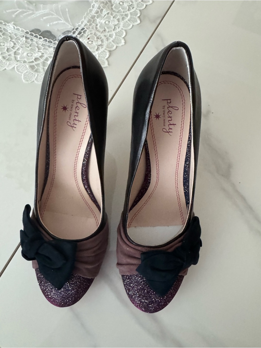Plenty by Tracy Reese Black and Plum Glitter Bow Peep-Toe Pumps